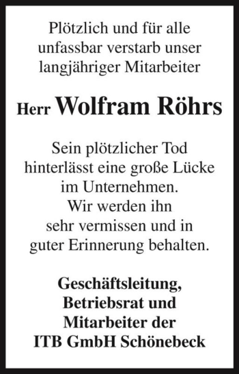 Traueranzeige von Wolfram Röhrs  von Magdeburger Volksstimme