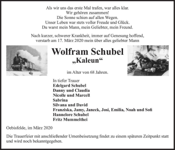 Traueranzeige von Wolfram Schubel 
