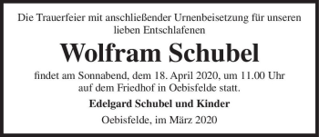 Traueranzeige von Wolfram Schubel  von Magdeburger Volksstimme