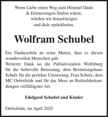 Traueranzeige von Wolfram Schubel  von Magdeburger Volksstimme