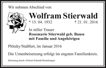 Traueranzeige von Wolfram Stierwald  von Magdeburger Volksstimme