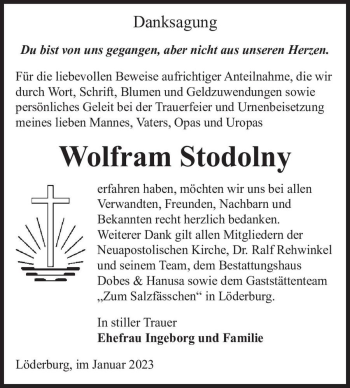 Traueranzeige von Wolfram Stodolny  von Magdeburger Volksstimme