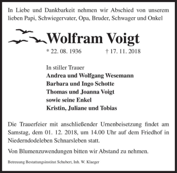 Traueranzeige von Wolfram Voigt  von Magdeburger Volksstimme