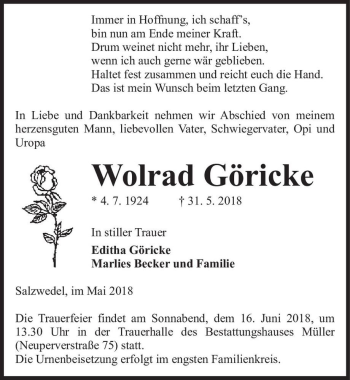 Traueranzeige von Wolrad Göricke  von Magdeburger Volksstimme