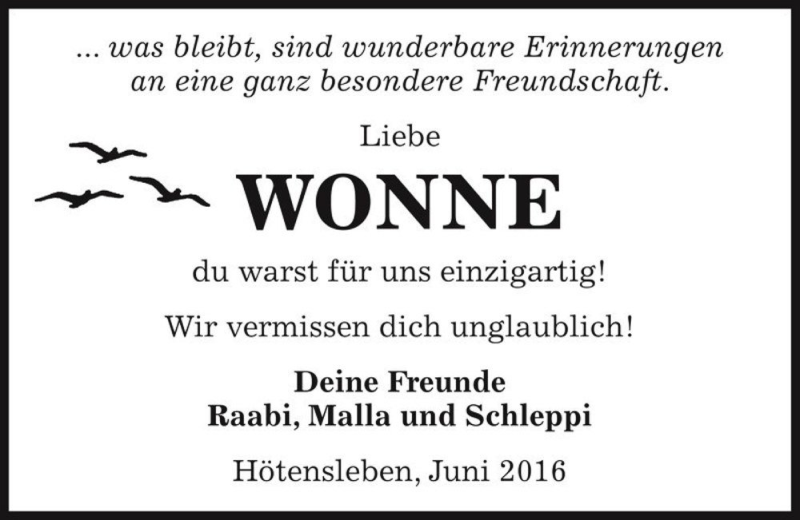  Traueranzeige für Wonne  vom 25.06.2016 aus Magdeburger Volksstimme