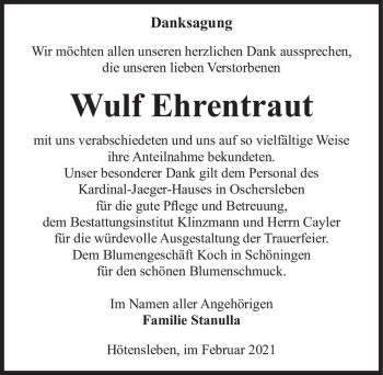 Traueranzeige von Wulf Ehrentraut  von Magdeburger Volksstimme