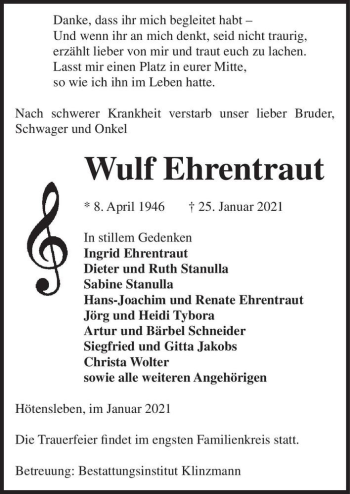 Traueranzeige von Wulf Ehrentraut  von Magdeburger Volksstimme