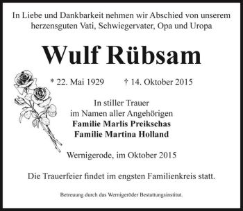 Traueranzeige von Wulf Rübsam  von Magdeburger Volksstimme