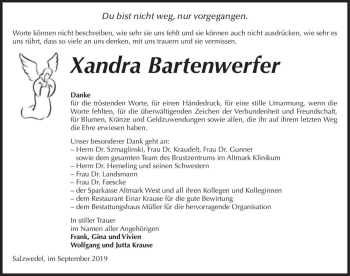 Traueranzeige von Xandra Bartenwerfer  von Magdeburger Volksstimme