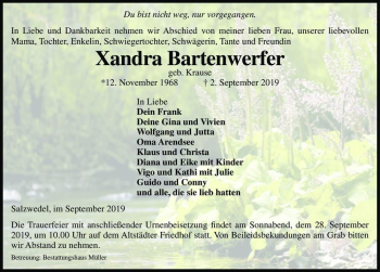 Traueranzeige von Xandra Bartenwerfer (geb. Krause)  von Magdeburger Volksstimme