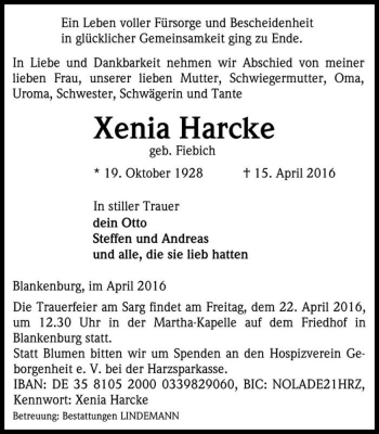 Traueranzeige von Xenia Harcke (geb. Fiebich)  von Magdeburger Volksstimme