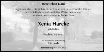 Traueranzeige von Xenia Harcke (geb. Fiebich)  von Magdeburger Volksstimme