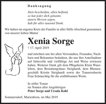 Traueranzeige von Xenia Sorge  von Magdeburger Volksstimme