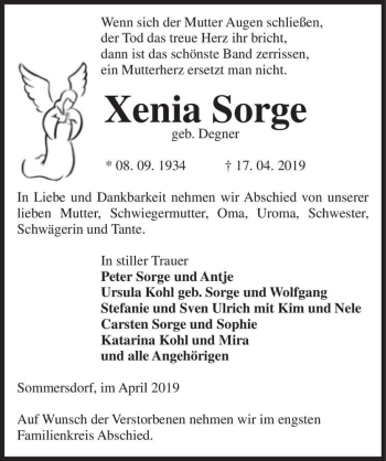 Traueranzeige von Xenia Sorge (geb. Degner)  von Magdeburger Volksstimme
