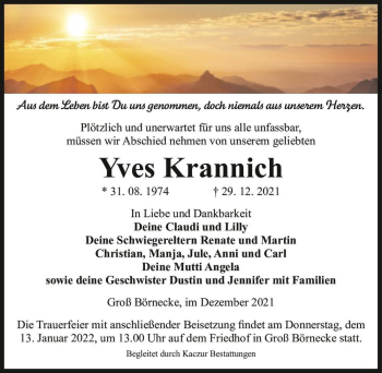 Traueranzeige von Yves Krannich  von Magdeburger Volksstimme
