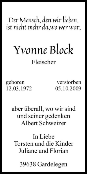 Traueranzeige von Yvonne Block  von Magdeburger Volksstimme