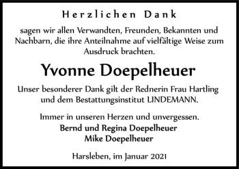 Traueranzeige von Yvonne Doepelheuer  von Magdeburger Volksstimme