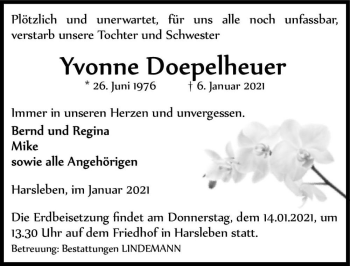 Traueranzeige von Yvonne Doepelheuer  von Magdeburger Volksstimme
