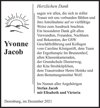 Traueranzeige von Yvonne Jacob  von Magdeburger Volksstimme
