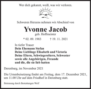 Traueranzeige von Yvonne Jacob (geb. Hoffmeister)  von Magdeburger Volksstimme