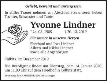Traueranzeige von Yvonne Lindner  von Magdeburger Volksstimme