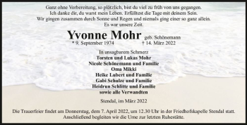 Traueranzeige von Yvonne Mohr (geb. Schönemann)  von Magdeburger Volksstimme