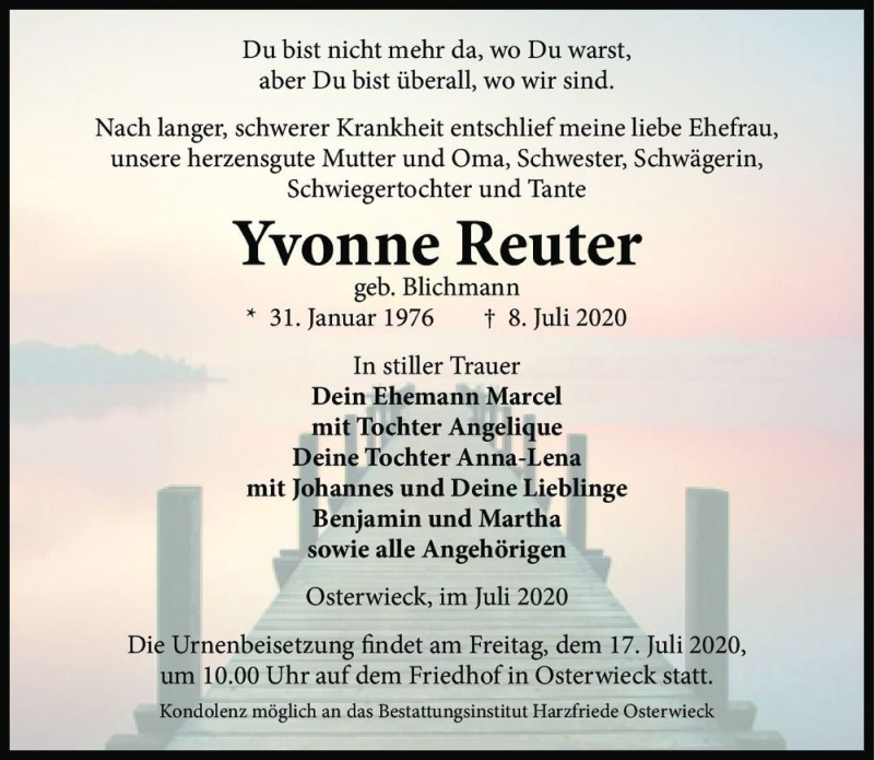  Traueranzeige für Yvonne Reuter (geb. Blichmann)  vom 11.07.2020 aus Magdeburger Volksstimme