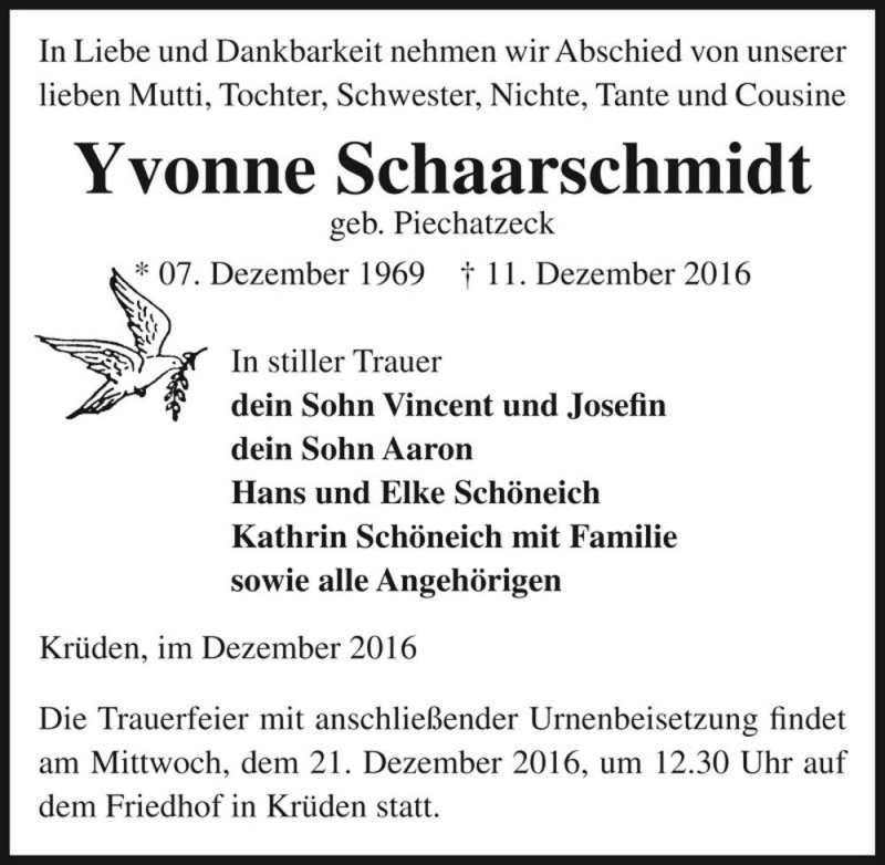  Traueranzeige für Yvonne Schaarschmidt (geb. Piechatzeck)  vom 15.12.2016 aus Magdeburger Volksstimme