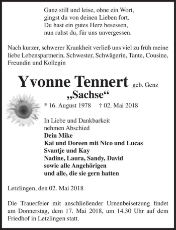 Traueranzeige von Yvonne Tennert (geb. Genz) ,,Sachse