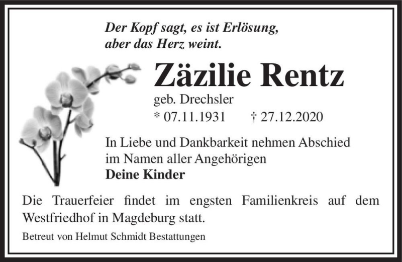  Traueranzeige für Zäzilie Rentz (geb. Drechsler)  vom 02.01.2021 aus Magdeburger Volksstimme