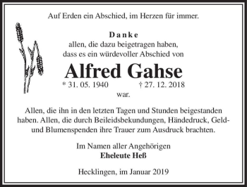 Traueranzeige von alfred Gahse  von Magdeburger Volksstimme