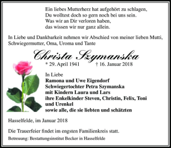 Traueranzeige von christa Szymanska  von Magdeburger Volksstimme