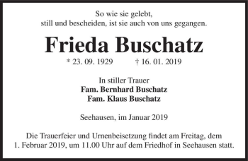 Traueranzeige von frieda Buschatz  von Magdeburger Volksstimme