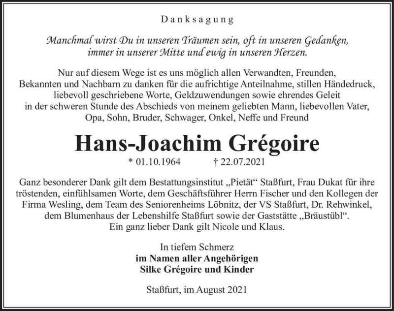  Traueranzeige für hans-Joachim Grégoire  vom 14.08.2021 aus Magdeburger Volksstimme