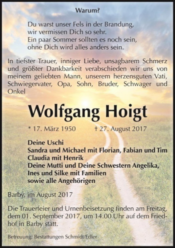 Traueranzeige von lWolfgang Hoigt  von Magdeburger Volksstimme