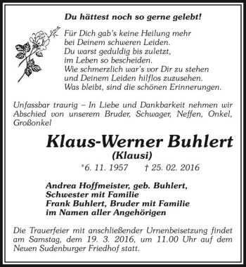 Traueranzeige von laus-Werner Buhlert (Klausi)  von Magdeburger Volksstimme