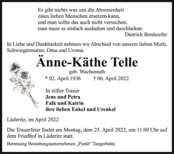 Traueranzeige von Änne-Käthe Telle (geb. Wachsmuth)  von Magdeburger Volksstimme