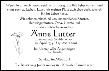 Traueranzeige von Änne Lutter (Damker, geb. Stuhlmacher)  von Magdeburger Volksstimme