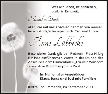 Traueranzeige von Änne Lübbecke  von Magdeburger Volksstimme