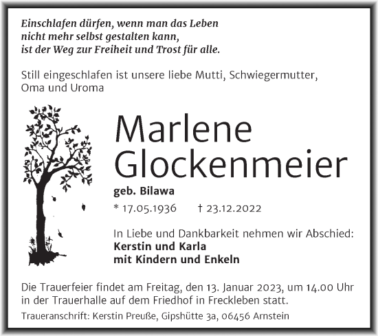 Traueranzeige von Marlene Glockenmeier von Mitteldeutsche Zeitung Mansfelder Land