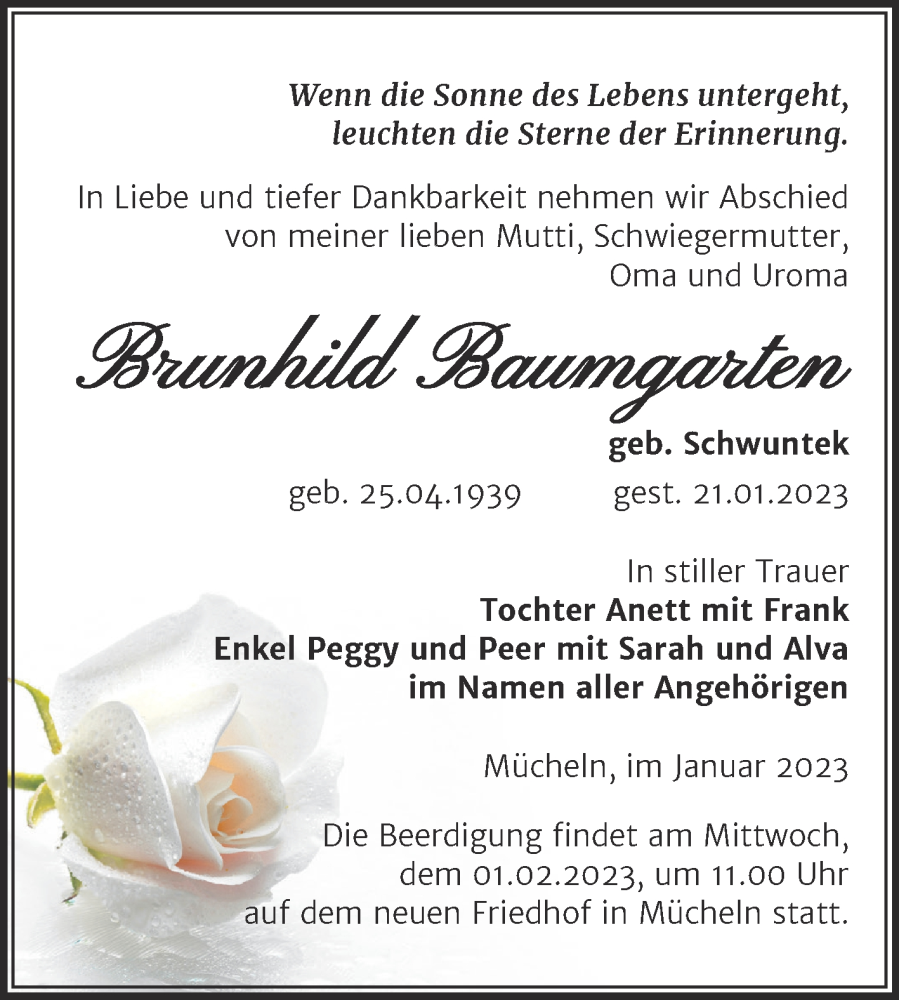  Traueranzeige für Brunhild Baumgarten vom 27.01.2023 aus Trauerkombi Merseburg