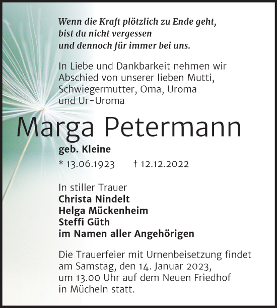 Traueranzeige von Marga Petermann von Trauerkombi Merseburg