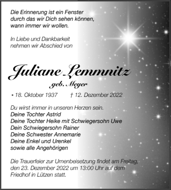Traueranzeige von Juliane Lemmnitz von Trauer-Kombi Weißenfels