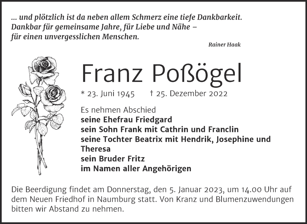  Traueranzeige für Franz Poßögel vom 31.12.2022 aus Naumburger Tageblatt