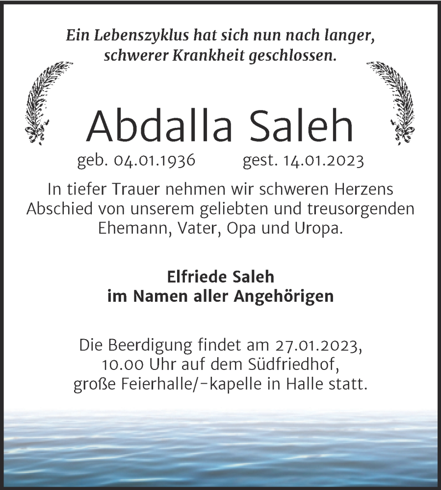  Traueranzeige für Abdalla Saleh vom 21.01.2023 aus Mitteldeutsche Zeitung Halle/Saalkreis