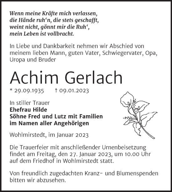 Traueranzeige von Achim Gerlach von Naumburger Tageblatt