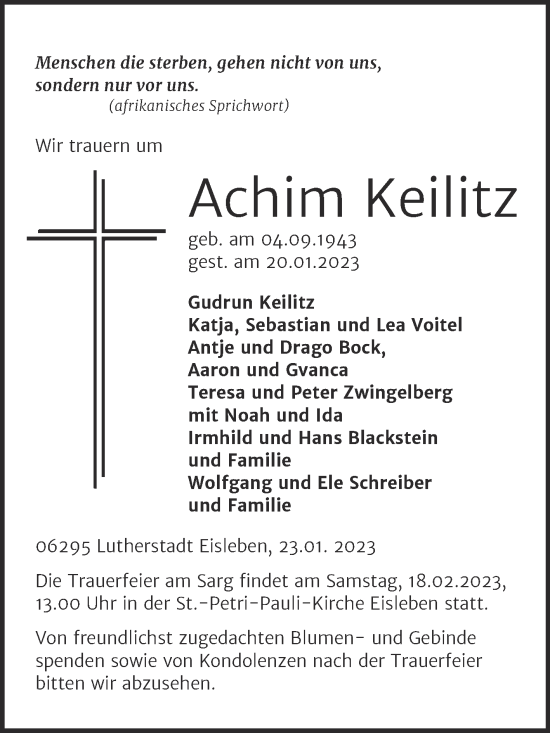 Traueranzeige von Achim Keilitz von Trauerkombi Mansfelder Land