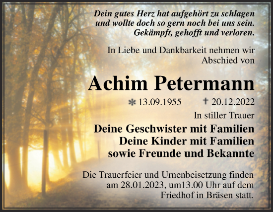 Traueranzeige von Achim Petermann von Trauerkombi Wittenberg