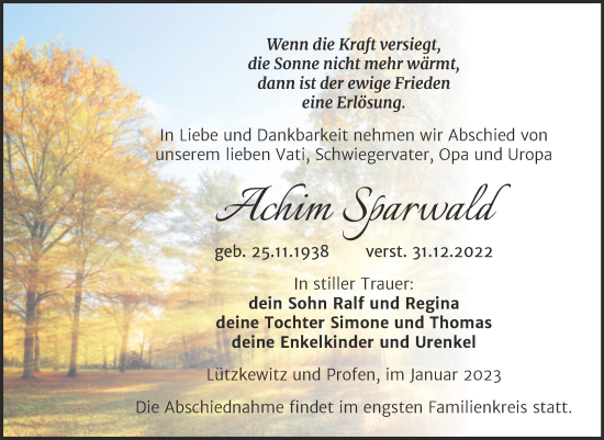 Traueranzeige von Achim Sparwald von Trauerkombi Zeitz