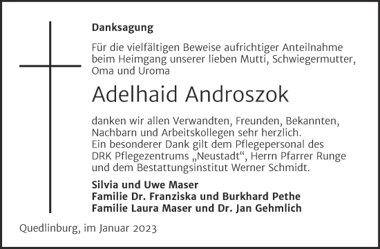 Traueranzeige von Adelhaid Androszok von Trauerkombi Quedlinburg
